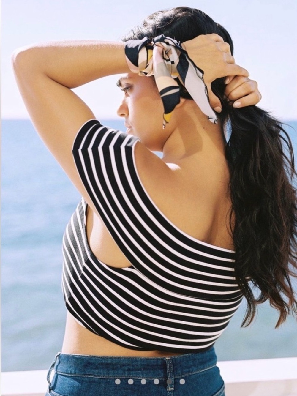 Anthropologie Black and White Striped Off-Shoulder Crop Top - Picture 2 of 8